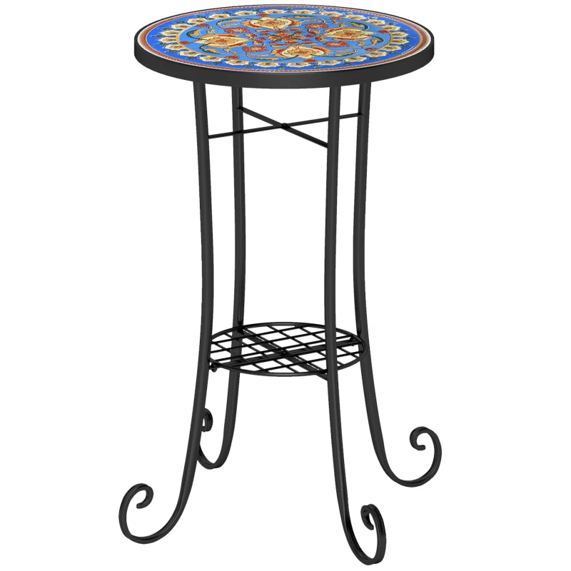 Image of Outsunny 35.5cm Round Mosaic Garden Side Table Plant Stand w/ Shelf, Blue Light Blue