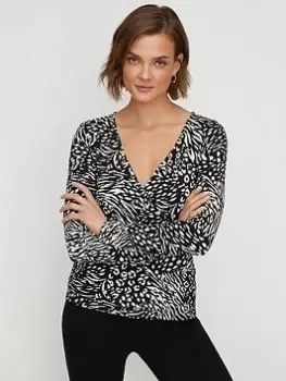 Image of Oasis Animal Jersey Wrap Long Sleeve Top - Black, Size XS, Women