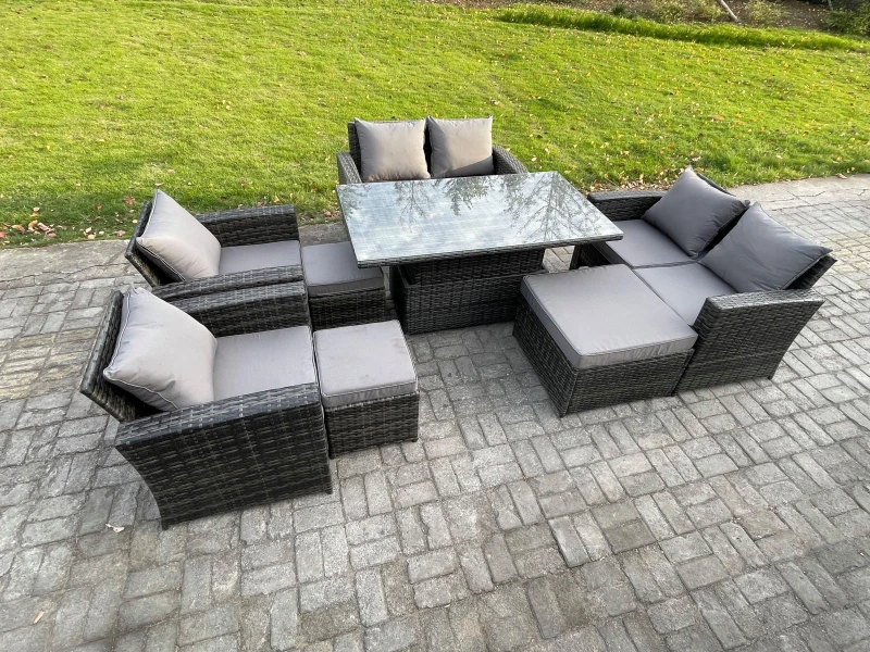 Image of Fimous Outdoor Garden Furniture Sets 8 Pieces Wicker Rattan Furniture Sofa Dining Table Set with 3 Footstools Dark Grey Mixed Dark Grey Unisex
