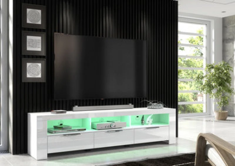 Image of Furneo 200Cm White Long TV Stand Unit Cabinet Matt & High Gloss RGB (Multicoloured) LED Lights Phantom 10