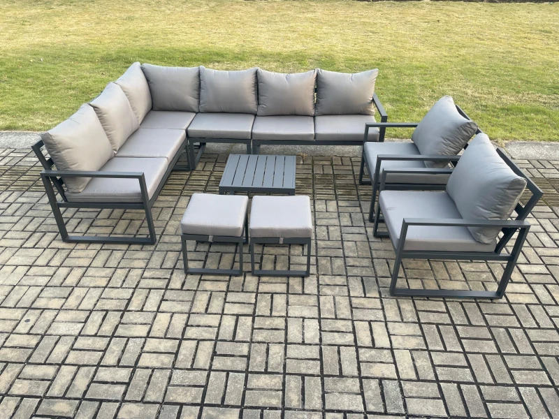 Image of Fimous 10 Seater Aluminium Garden Furniture Set Outdoor Lounge Corner Sofa 2 Pcs Chair Square Coffee Table Sets with 2 Small Footstools Dark Grey Dark