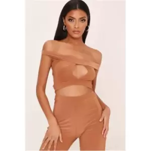 Image of I Saw It First Slinky Cut Out Back Crop Top - Brown