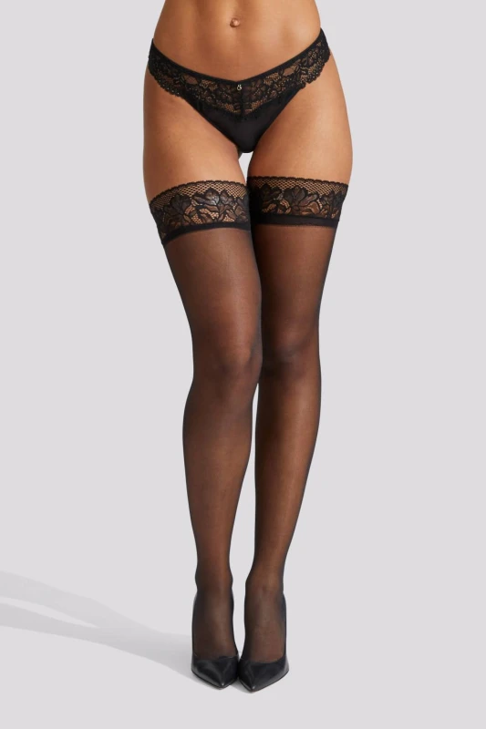 Image of Ann Summers Womens Scallop Edged Lace Top Hold Ups in Black Size: XS Black Female XS