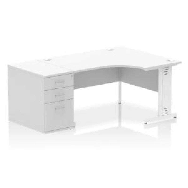 Image of Impulse Impulse 1400mm Right Crescent Office Desk White Top White Cable Managed Leg Workstation 800 Deep Desk High Pedestal IWSRW148WWHT