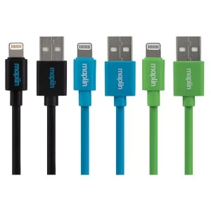 Image of Maplin Premium 0.75m Lightning iPhone Charge Cable 3 Pack - Blue, Green & Black