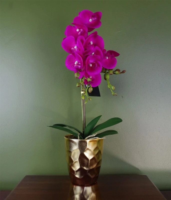 Image of Leaf 54cm Artificial Orchid Plant - Dark Pink Gold Pot Dark Pink