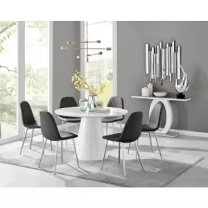 Image of Furniturebox Palma White High Gloss 6 Seat Minimalist Post Modern Round Dining Table & 6 Black Corona Faux Leather Dining Chairs with Silver Legs