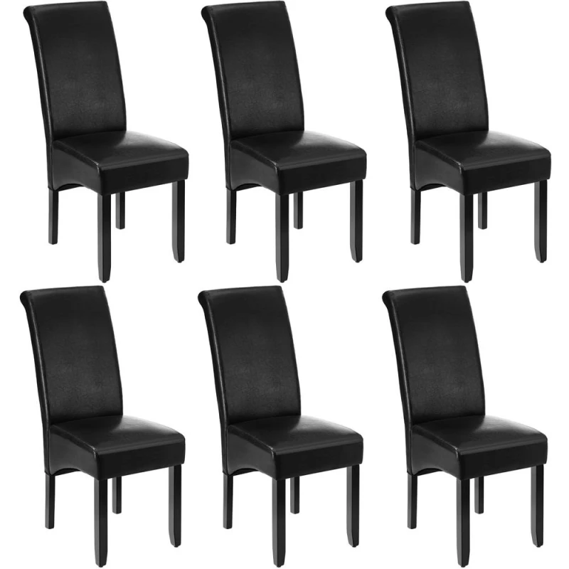 Image of Tectake Set Of 6 Dining Chair - Ergonomic Seat Shape, High Backrest, Padded, Faux Leather - Black