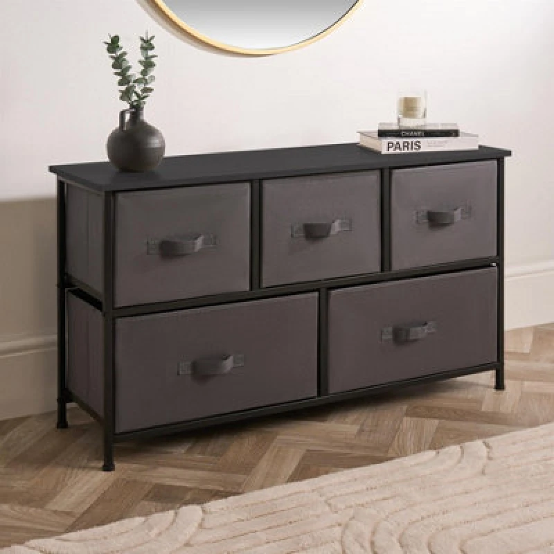 Image of OHS OHS Brooklyn 5 Chest of Canvas Drawers Organiser with Wood Top in Grey Grey One Size Unisex 5027434233700