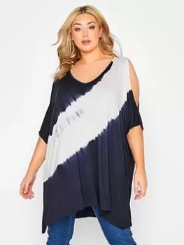 Image of Yours Curve Cold Shoulder Tie Dye T-Shirt, Navy, Size 18, Women