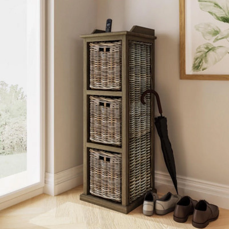 Image of FWStyle 3 Drawer Storage Unit Tall Kubu Rattan Mahogany Ready Assembled Handmade Brown