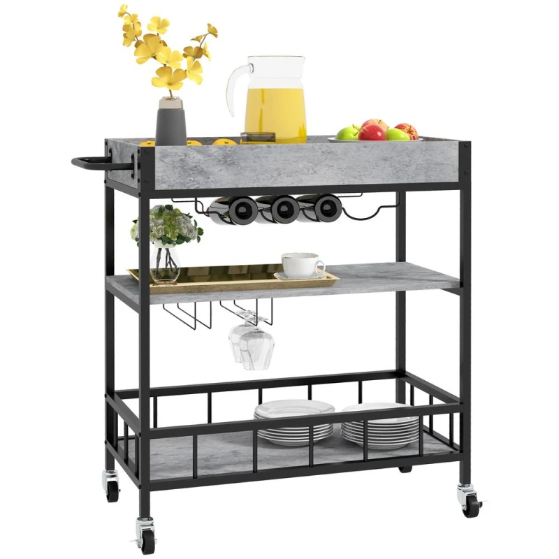 Image of HOMCOM Industrial Bar Cart, 3-Tier Trolley w/ Wine Rack 801-345V00GY
