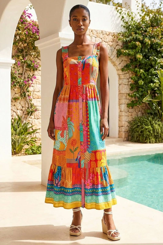Image of Roman Womens Petite Patchwork Tiered Maxi Dress Size: 16 Multicolor Female 16