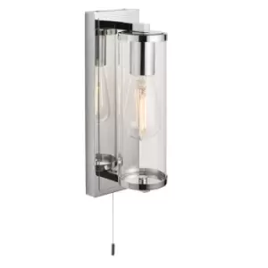 Image of Chrome Bathroom Wall Light & Cylinder Glass Shade - IP44 Rated - Modern Sconce