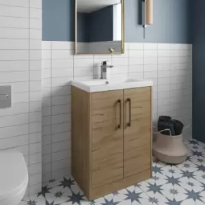 Image of Juno Floor Standing 2-Door Vanity Unit with Basin 1 600mm Wide - Autumn Oak - Hudson Reed