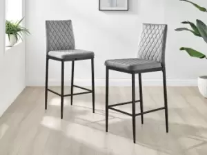 Image of Set of 2 Milan Soft Touch Hatched Velvet Padded Bar Stools With Black Metal Legs