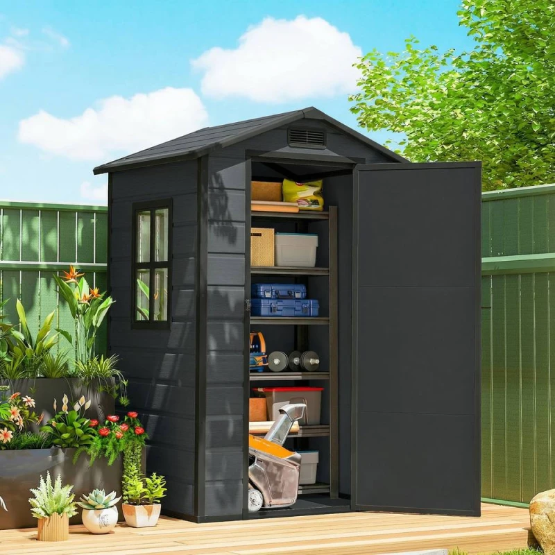 Image of OUTSUNNY 4 x 3ft Plastic Garden Shed, Storage Shed with Window Vent in Dark Grey Dark Grey Unisex
