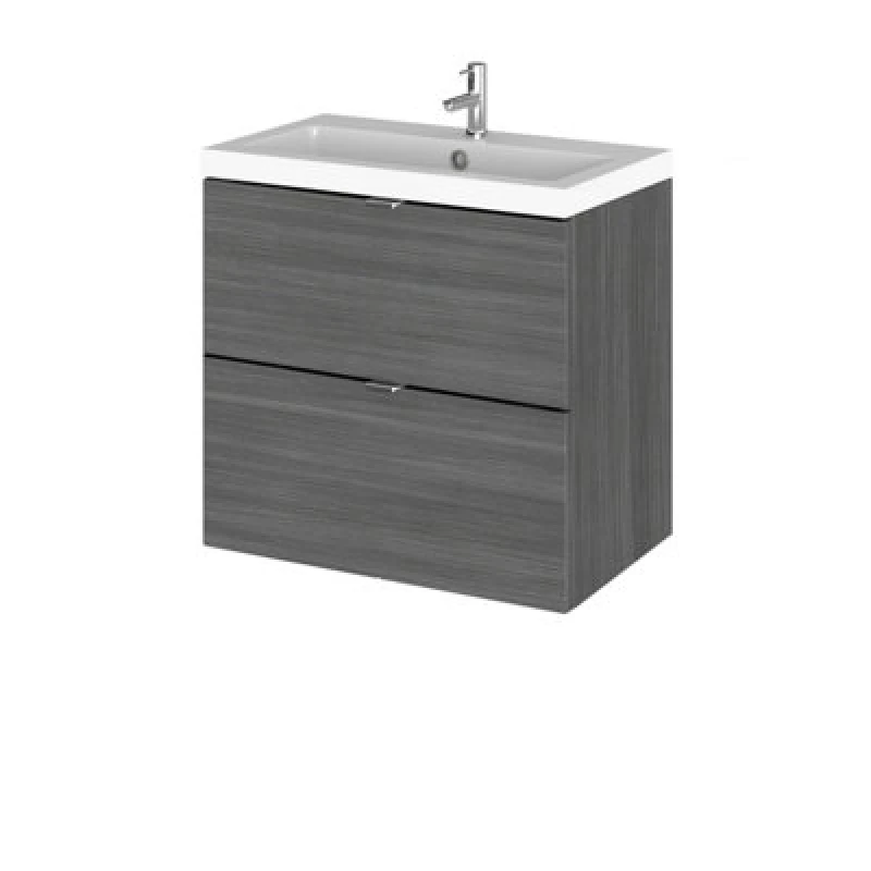 Image of Hudson Reed Fusion Wall Hung 2 Drawer Vanity Unit & Polymarble Basin, Sink Vanity Unit, Anthracite Woodgrain, 600mm