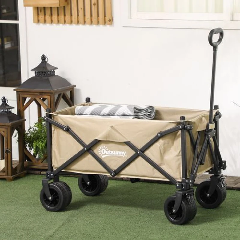 Image of Outsunny Foldable Garden Cart, Outdoor Utility Wagon With Carry Bag, Khaki, Yellow 84H-130V00KK
