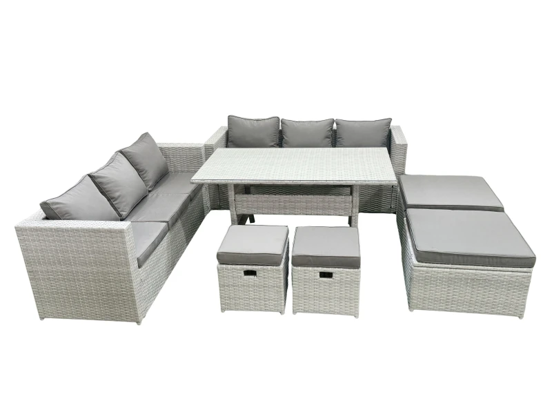 Image of Fimous Rattan Garden Furniture Set Outdoor 10 Seater Patio Dining Sets with Glass Top Dining Table Light Grey Mixed Light Grey