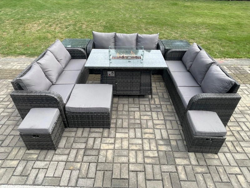 Image of Fimous Outdoor Rattan Furniture Garden Dining Set Gas Fire Pit Table With 2 Side Tables Lounge Sofa 3 Footstool Dark Grey
