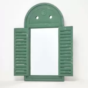 Image of Green Distressed Style Outdoor Garden Mirror with Shutters - Green - Homescapes