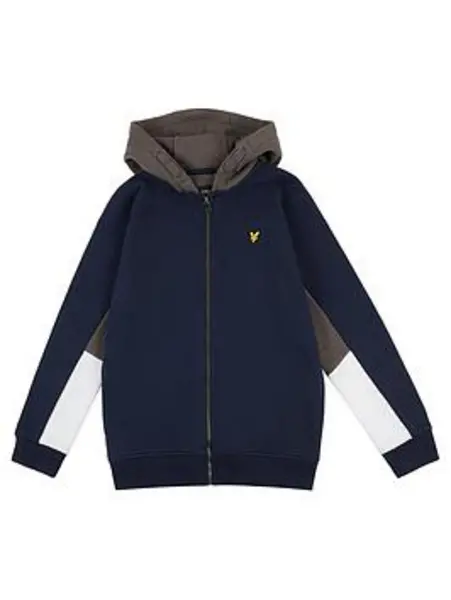 Image of Lyle & Scott Boys Diagonal Cut & Sew Zip Thru Hoodie - Navy, Size 7-8 Years Navy VRWF1 Unisex 7-8 YEARS