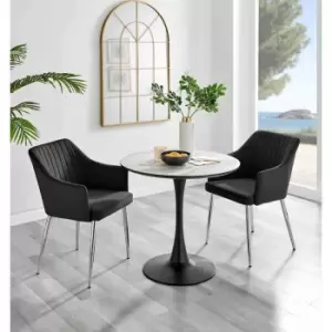 Image of Furniture Box Elina White Marble Effect Round Dining Table and 2 Black Calla Silver Leg Chairs