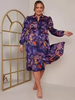 Image of Chi Chi London Curve Plus Size Long Sleeve Neon Abstract Shirt Dress - Navy, Size 26, Women