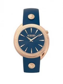 Image of Versus Versace Blue And Gold Detail Dial Blue Leather Strap Ladies Watch