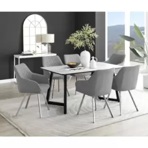 Image of Furniturebox Carson White Marble Effect Rectangular 160cm Dining Table & 6 Dark Grey Falun Silver Leg Fabric Chairs