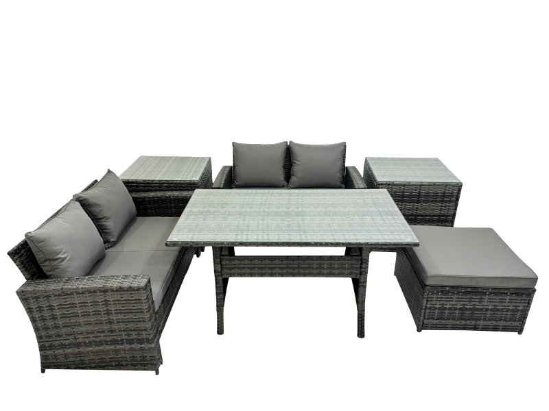 Image of Fimous 5 Seater Outdoor Dining Table Double Seat Sofa 2 Side Table Stool Set in Dark Grey Dark Grey Unisex