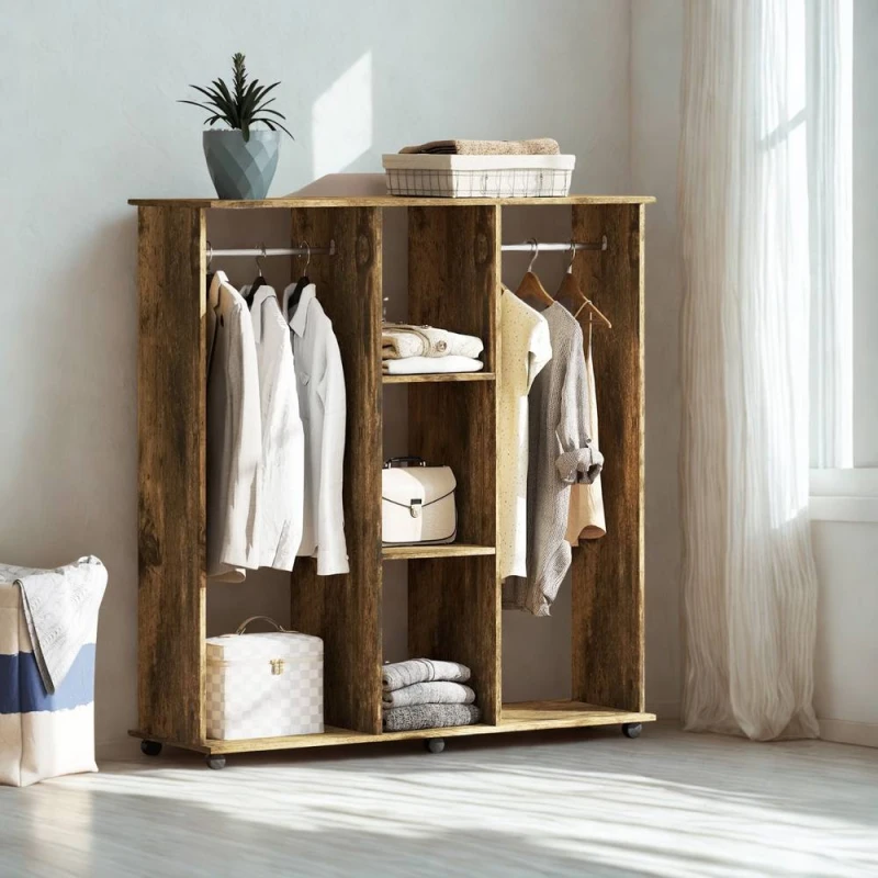 Image of FURNOS Open Wardrobe Clothes Rail With Storage Shelves on Wheels Rustic in Brown Brown Unisex