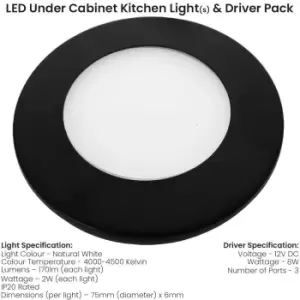 Image of 2x MATT BLACK Ultra-Slim Round Under Cabinet Kitchen Light & Driver Kit - Natural White Diffused LED