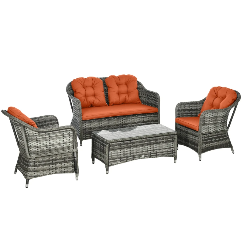 Image of Outsunny Outsunny 4 Pieces Rattan Sofa Set Outdoor Conservatory Furniture with Cushions - Orange