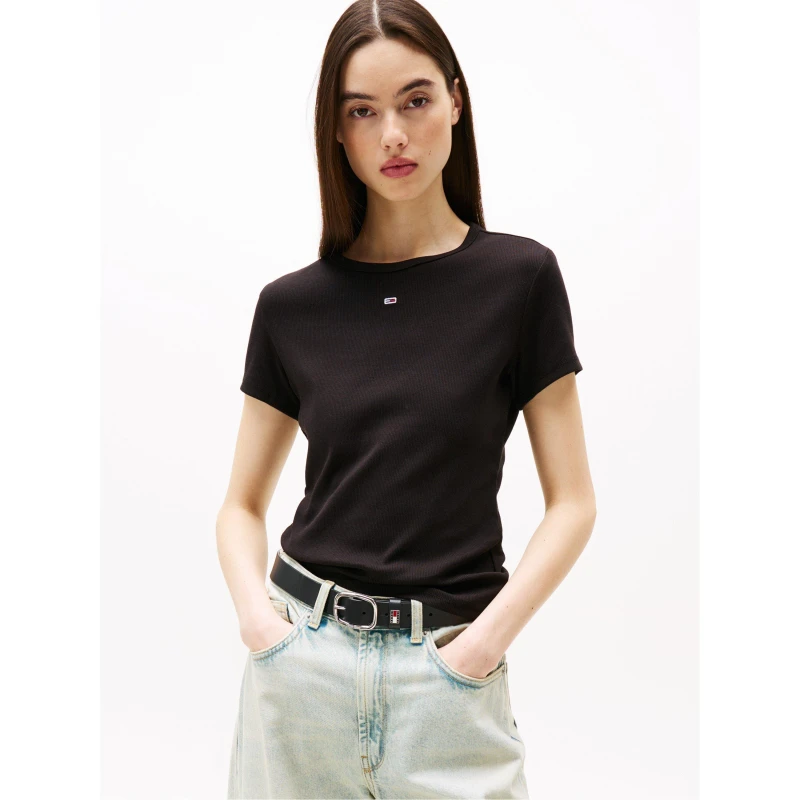 Image of Tommy Jeans Short Sleeve Logo Ribbed T-Shirt Black female 8 (XS)