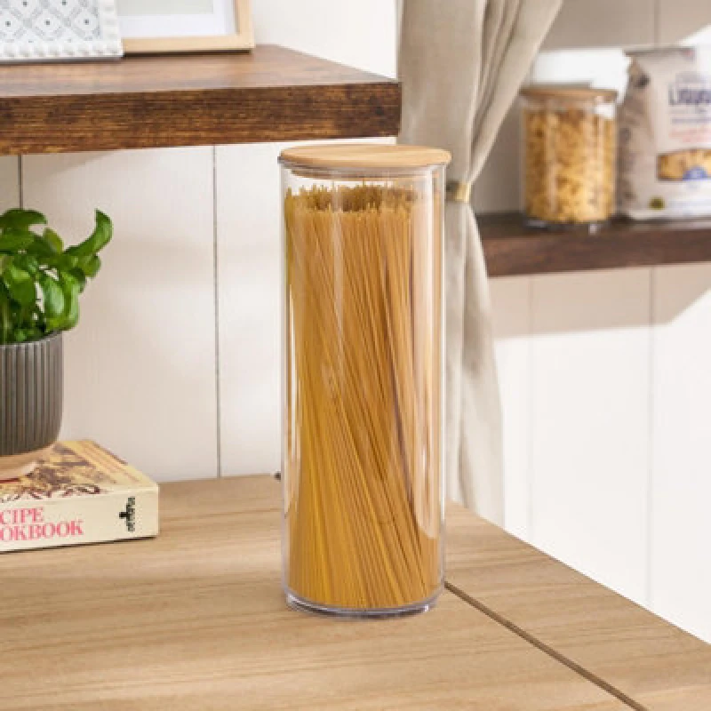 Image of OHS OHS Clear Round Storage Tub with Lid Pasta Dry Food Container Bamboo in Natural Size: Medium Natural M Unisex 5027434225279