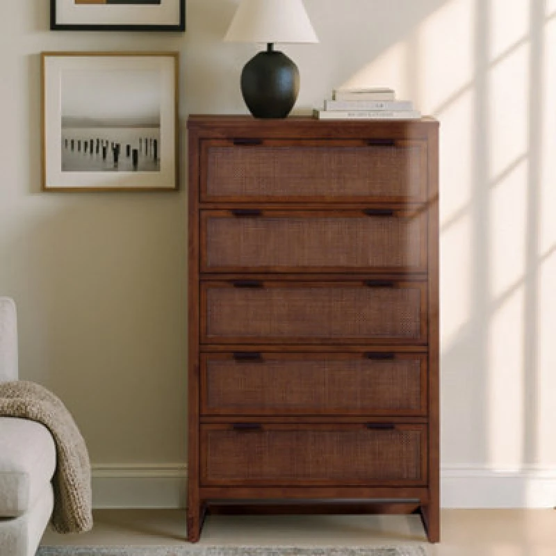 Image of Teamson Home Hatteras Chest Of Drawers 5 Drawer Bedroom Dresser, Walnut