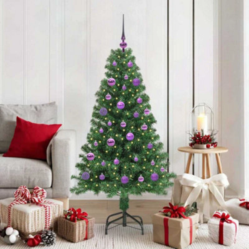 Image of vidaXL Artificial Christmas Tree with 150 LEDs, Lilac Balls with Stand Green 150 x 80 cm, Green 3396906