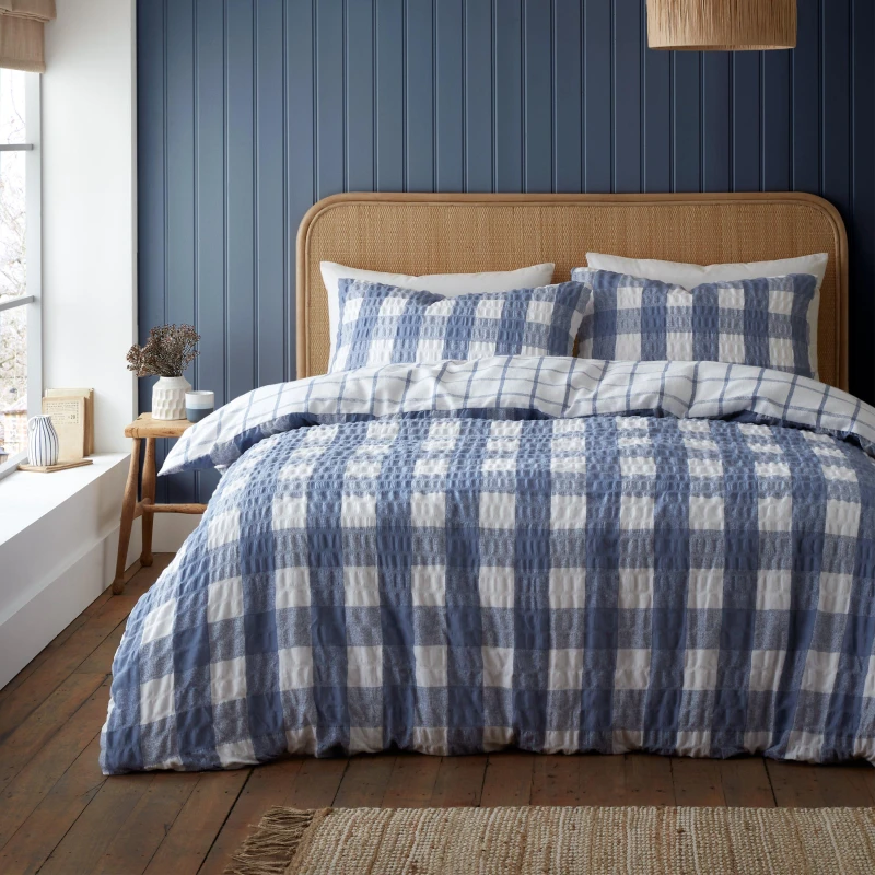 Image of Catherine Lansfield Blue Gingham Seersucker Duvet Cover and Pillowcase Set