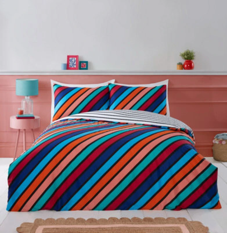 Image of Rapport Home Oxford Stripe Microfibre Fabric Reversible Duvet Cover Set Bedding With Pillowcase