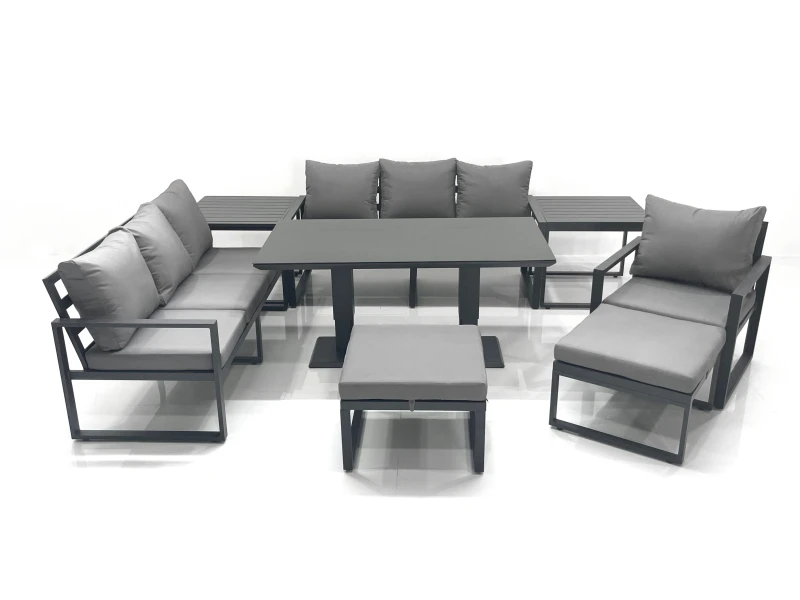 Image of Fimous Outdoor Garden Furniture Set Aluminium Lounge Sofa Adjustable Rising Lifting Dining Table Sets with 2 Big Footstools 2 Side Tables Dark Grey Da