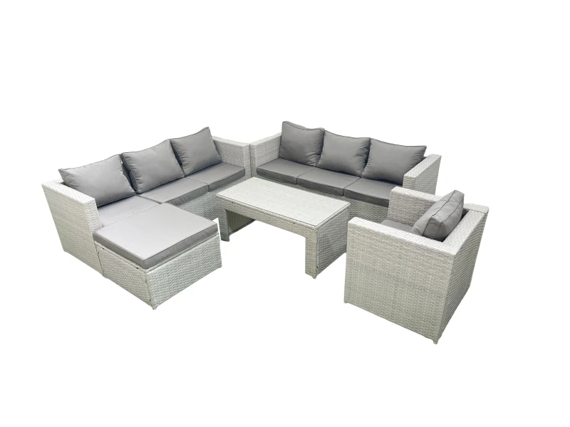 Image of Fimous Wicker PE Rattan Sofa Garden Furniture Set with Oblong Coffee Table Armchair Big Footstool Light Grey Mixed Light Grey