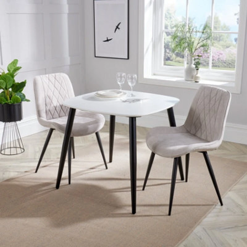 Image of Core Products Aspen White 80Cm Square Dining Table With 2 Natural Fabric Diamond Stitch Design Chairs