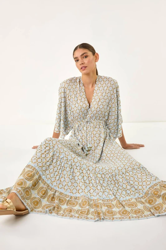 Image of Roman Womens Shimmer Boho Border Maxi Dress in Light Blue Size: 16 Light Blue Female 16