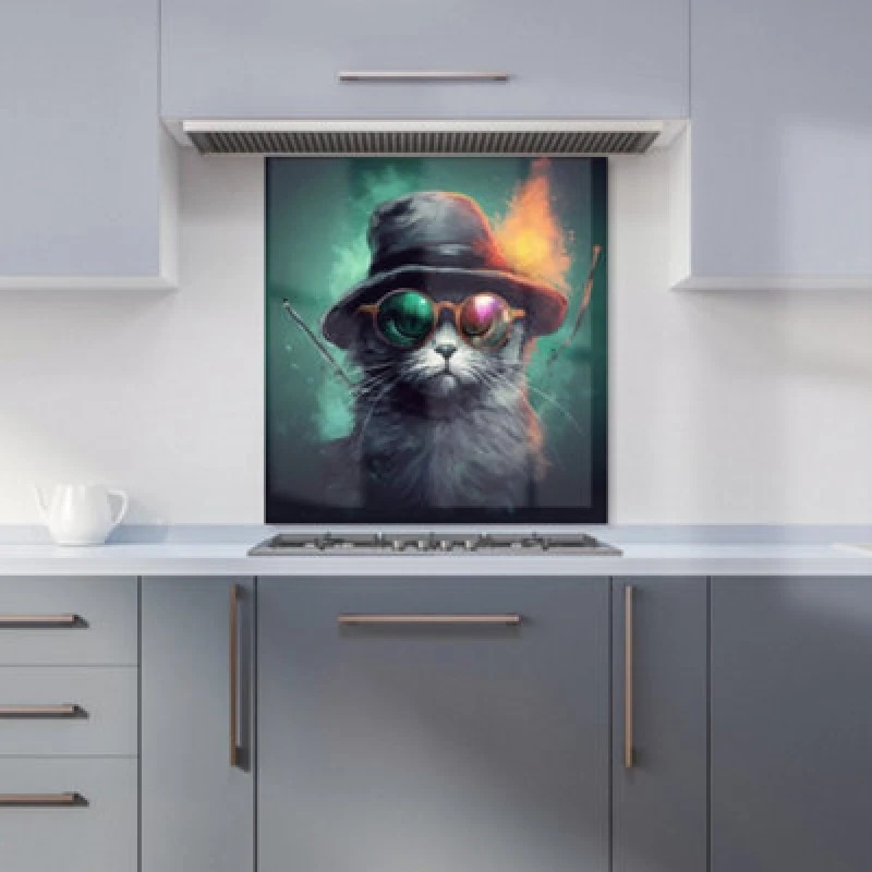 Image of Warren Reed Designer Fiery Cat In A Hat Kitchen Splashback