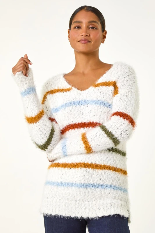 Image of Roman Womens Stripe Fluffy Knit Jumper in Ivory Size: 16 Ivory Female 16