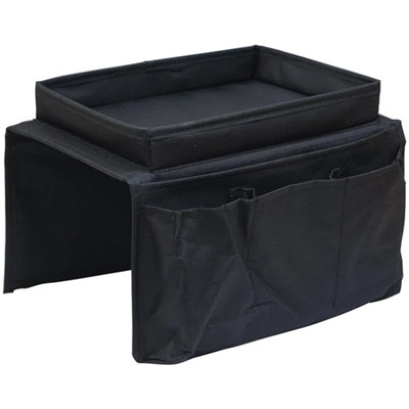 Image of Loops Black Polyester Arm Rest Organiser - Six Storage Pockets - Sturdy Tray Black