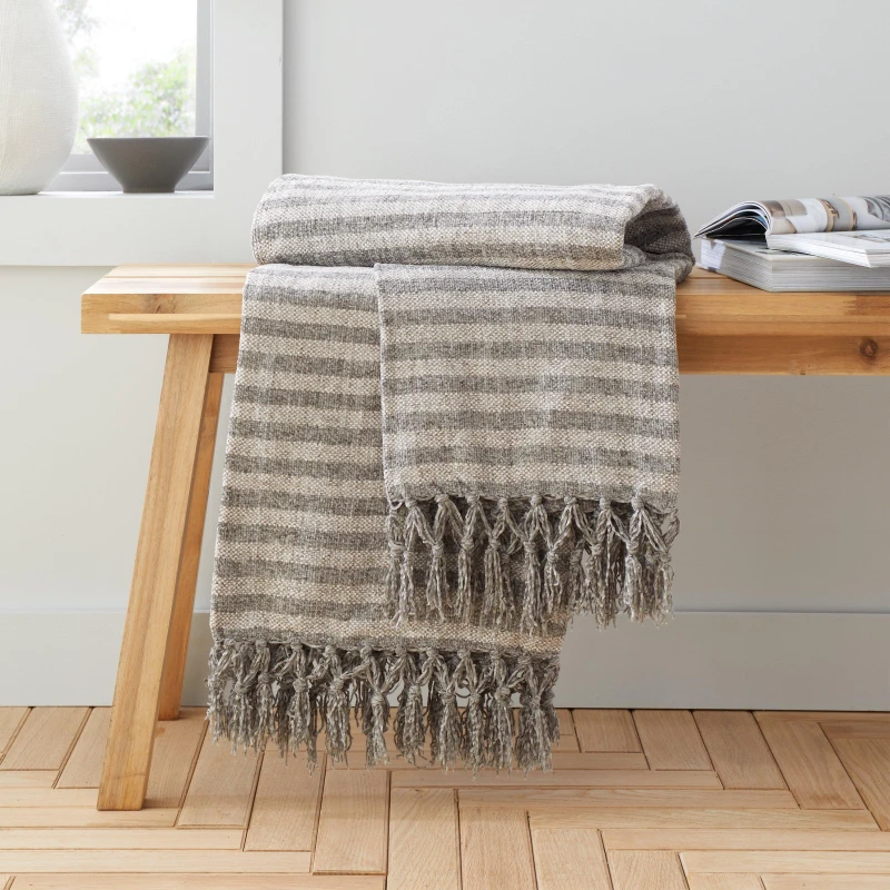 Image of Catherine Lansfield 'Stripe Chenille' Blanket Throw Grey