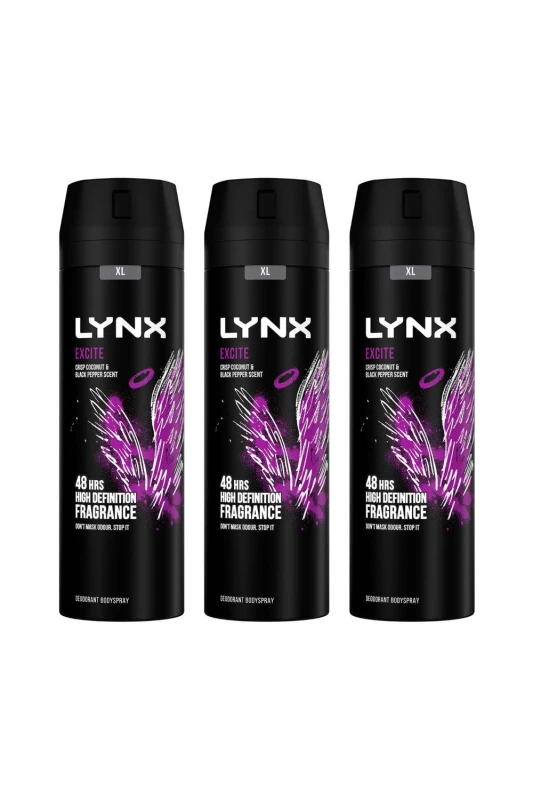 Image of Lynx XL 48-H Excite 'Body Spray' Deodorant 3 Pack, 200ml Purple male